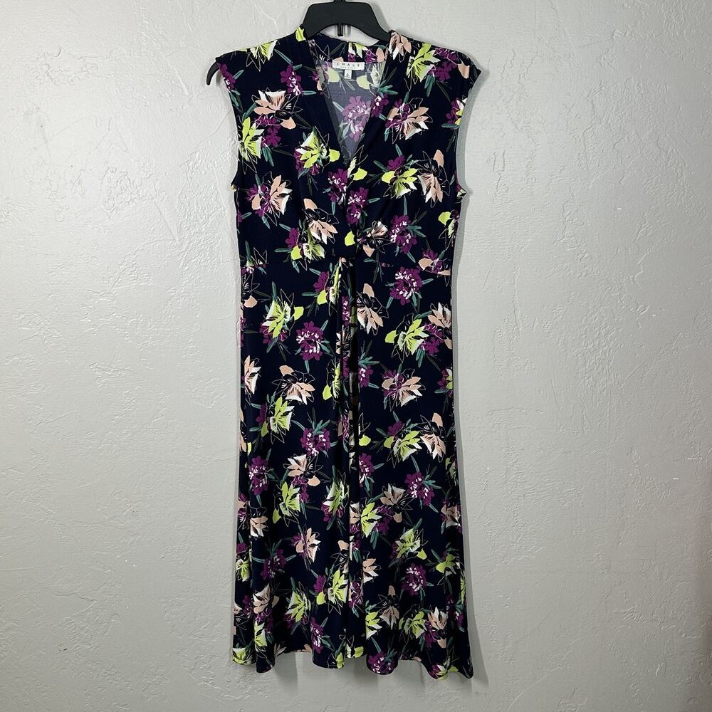 Chaus Dress L Navy Blue Floral Stretch Pullover Knotted Vneck Cap Sleeve